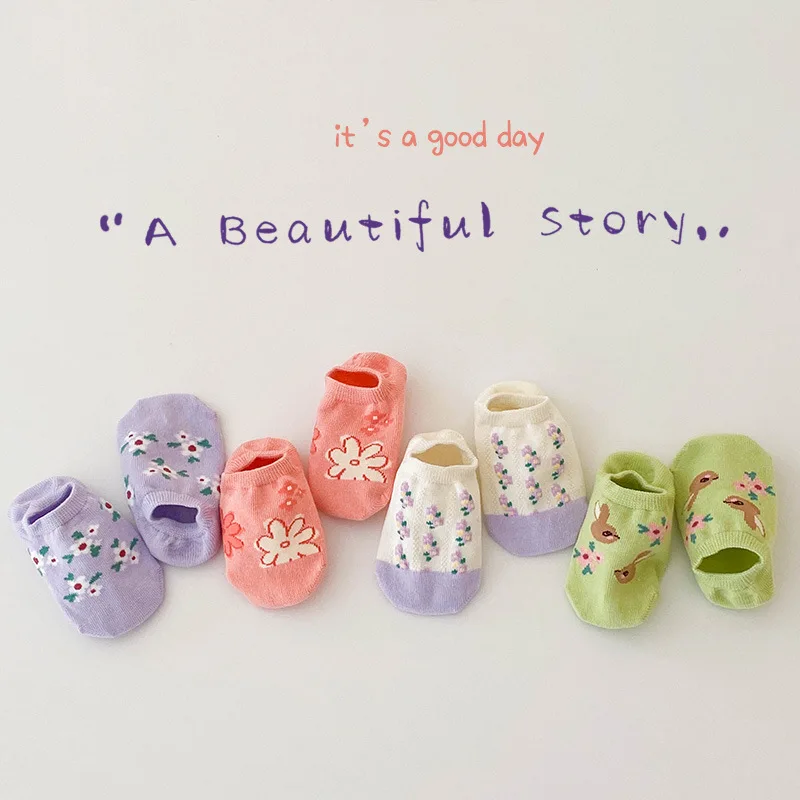 

1-8 Year 4 Pairs 2022 spring and summer thin small flower rabbit invisible socks cute non-slip girls socks
