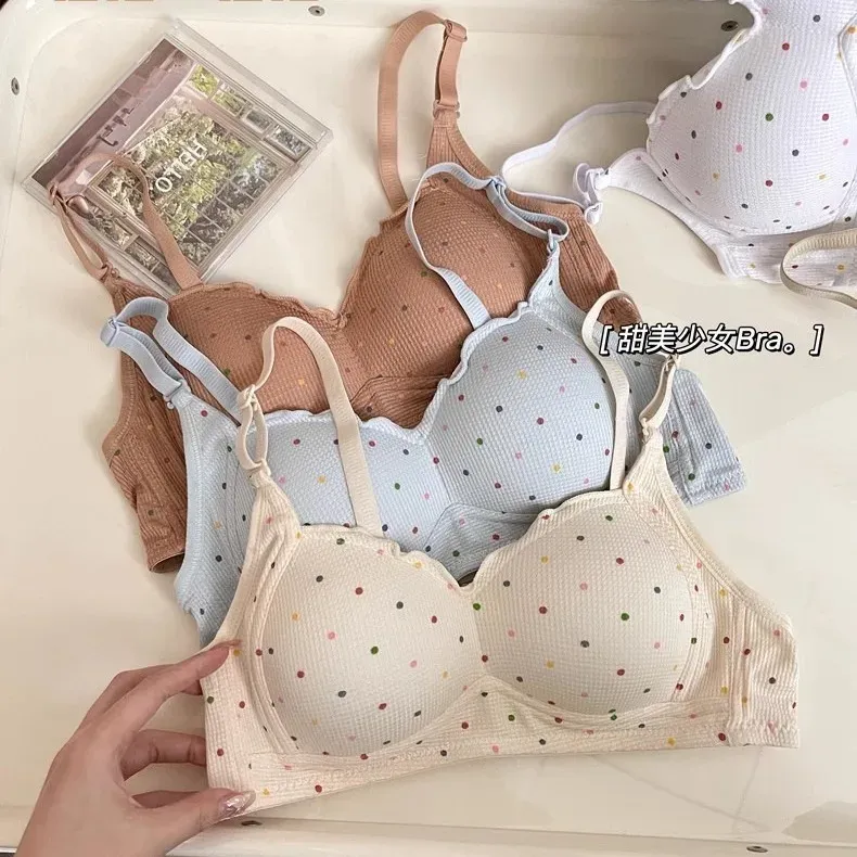 Colorful polka dot comfortable undergarment without underwire, women's gathering top support bra, simple bra