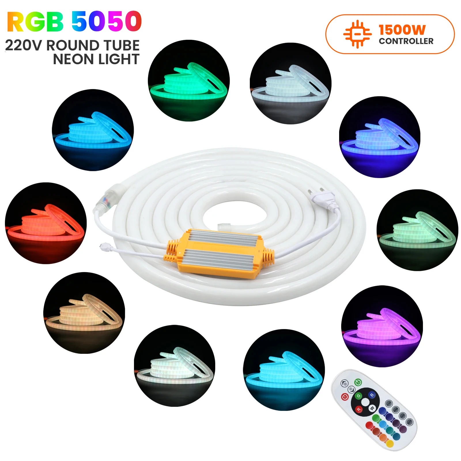 

IP67 Waterproof 5050 RGB LED Neon Strip 1500W 24Key IR Control Dimmable EU Plug 220V Round Neon Tape Light Outdoor Decoration
