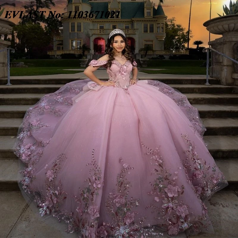 

EVLAST 2024 Pink Quinceanera Dress Ball Gown Shiny 3D Floral Applique Beading Tiered Corset Sweet 16 Vestidos De XV 15 Anos SQ88