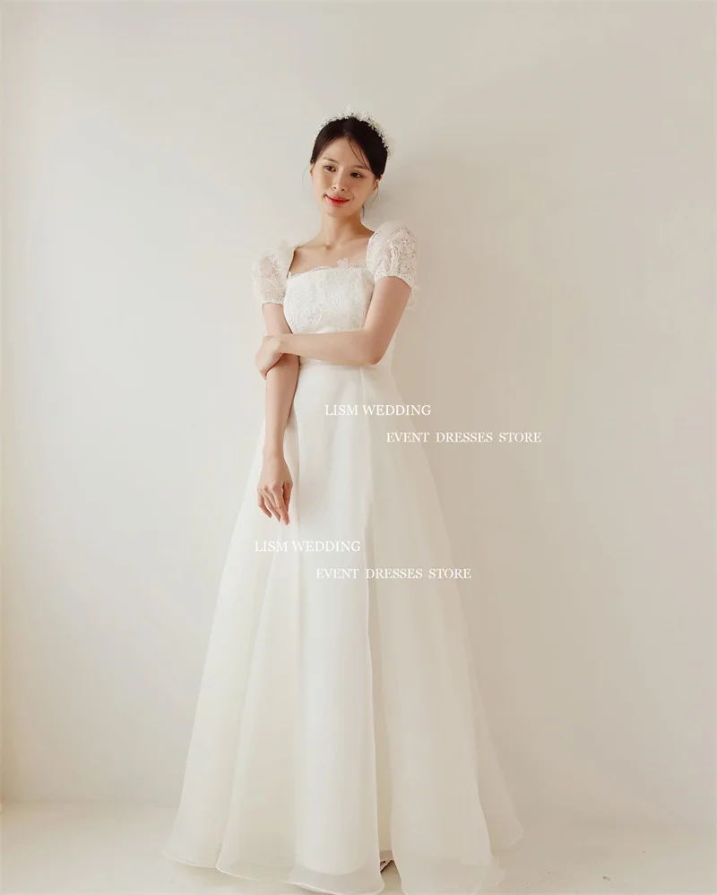 LISM Elegant A-Line Korea Wedding Dresses Photo Shoot Lace Square Collar Tulle Floor Length Corset Back Bridal Gowns Custom 2