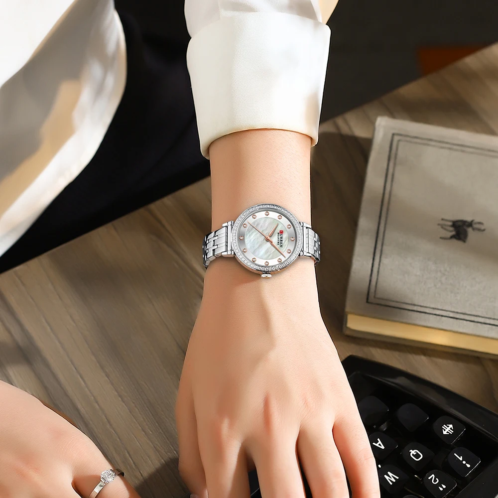CURREN Luxury Slim Women's Watch Two Tone Stainless Steel Band Mother of Pearl Dial with Rhinestones Elegant Quartz Wristwatch