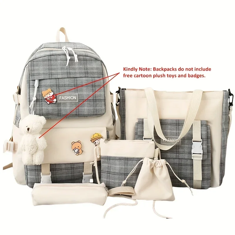 Cute Plaid Cartoon Canvas Five-Piece School Bag, Large Capacity Casual Simple Backpack, Women's Travel Bag Cosmetic Bag, for Girls And Women, Adaptable Stationery Bag, Women's Wallet, Women's Crossbody Bag, Women's Hand Bag (No Bear Pendant) 6