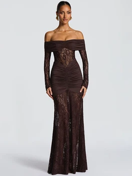 Mozision Off-shoulder Long Sleeve Sexy Maxi Dress Women Fashion Lace See Through Strapless Backless Bodycon Club Party Dresses