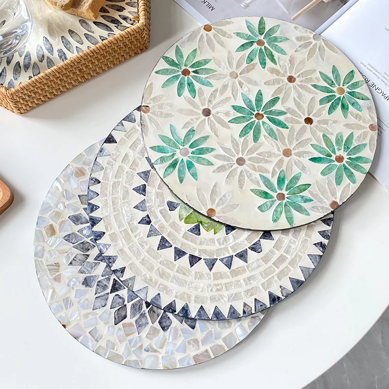 

Serving Trays Mat with Sea Shell Handles Melamine Stackable Platter BPA-Free Round Food Tray Set Flower Pattern Restaurants Mats