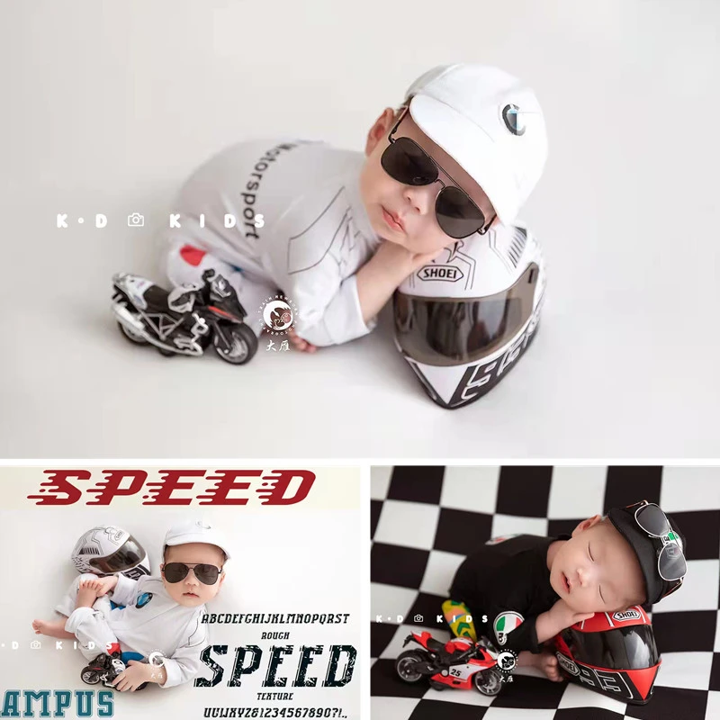 Newborn Photography Outfit Boy Cool Motorcycle Racing Suit Helmet Sunglasses Background Cloth