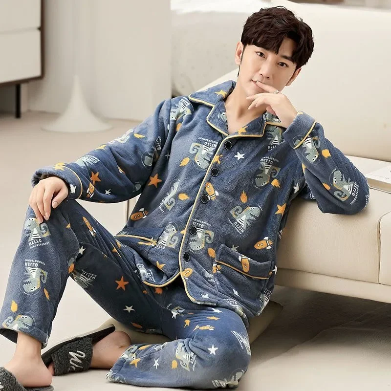 2024 New Pajama Men Long-sleeved Coral Fleece V-neck Autumn Winter Sleepwear Young Middle-aged Flannel Large Size Homewear Suit