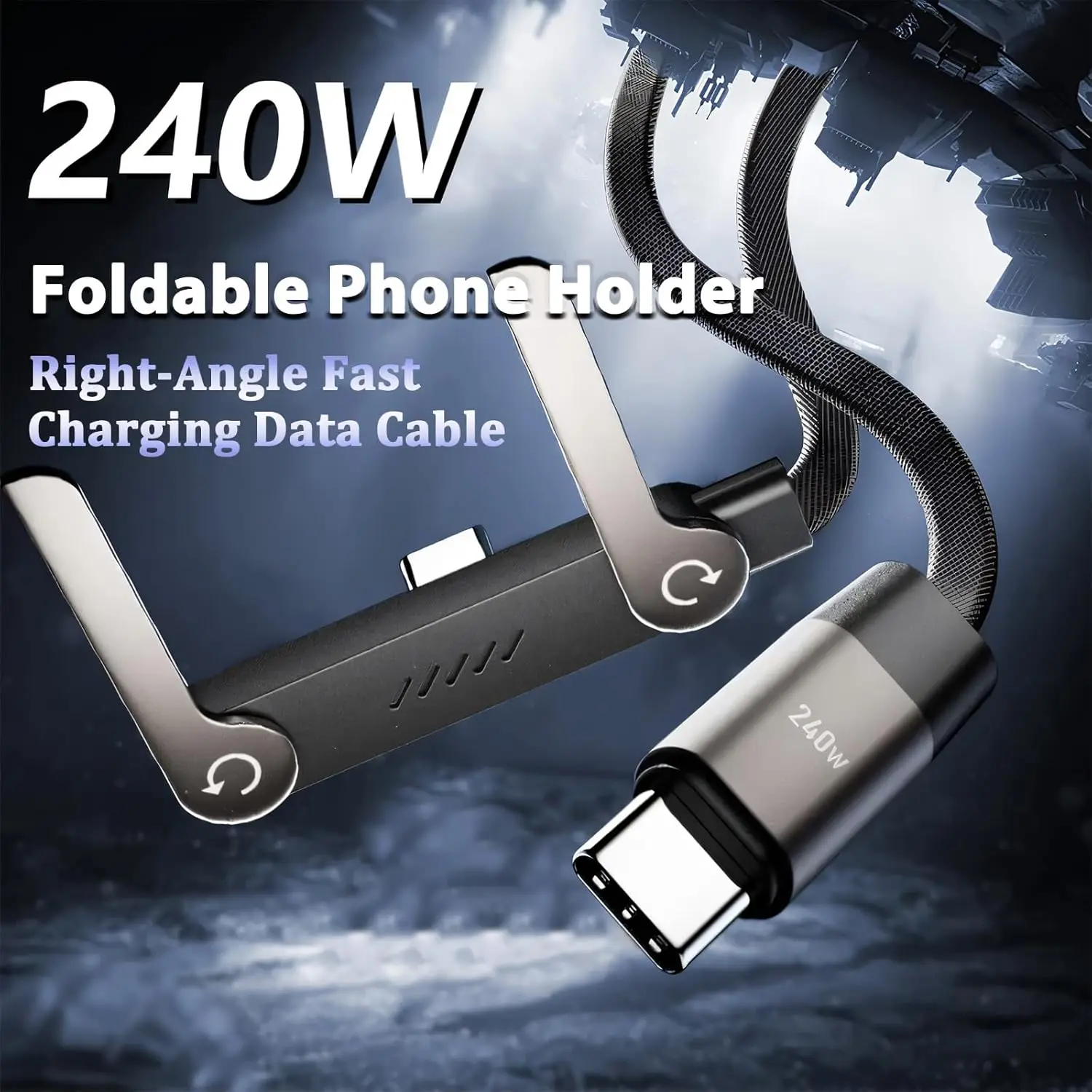 2-in-1 Type C Charger Cord & Phone Stand Invisible 90°Ellow Holder Charger Cable 240W High-speed Quick Charging Data Line 3