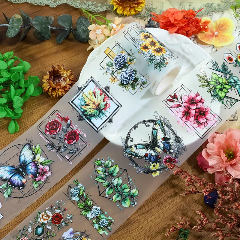 2m/롤 나비 PET 와시 테이프 꽃 마스킹 테이프 3D 크리스탈 잉크 장식 스티커 다이어리 스크랩북킹 저널용