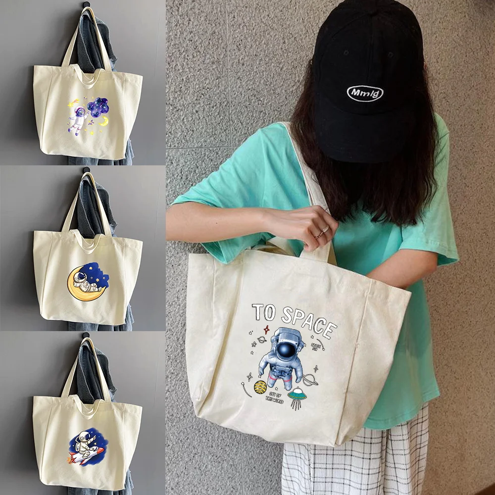 

Women Large Capacity Canvas Bag Casual Fashion Girl Shopping Two Straps Organizer Bag Astronaut Print Shopper Shoulder Totes