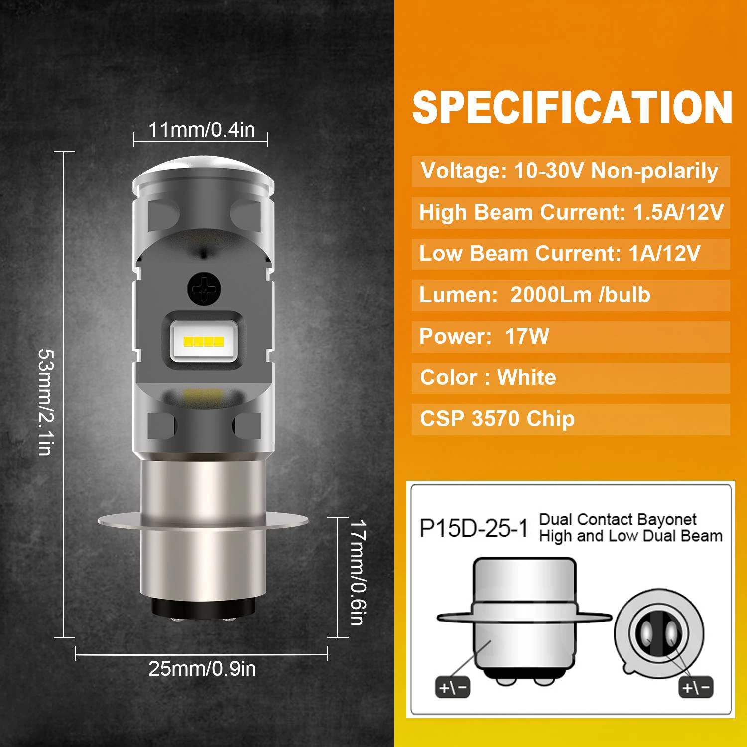 TOYUKI P15D-25-1 LED Motorcycle Light Hi/Lo Beam Conversion Kit for Motorbike ATV UTV Headlight 3000LM 12V 6000K