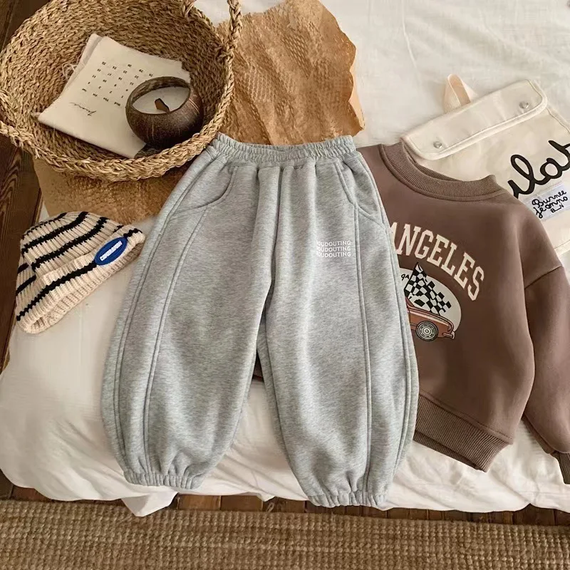 5133 Children Plus Velvet Pants Autumn Winter Thick Trouser Solid Color Boys Casual Pants Sport School Baby