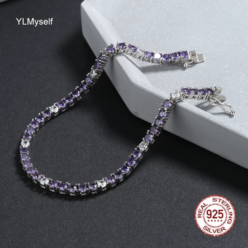 Bracciale Tennis In Argento Massiccio Puro 925 Pave 3 Mm Purple Mix White Cubic Zircone Fine Jewelry Per Le Donne