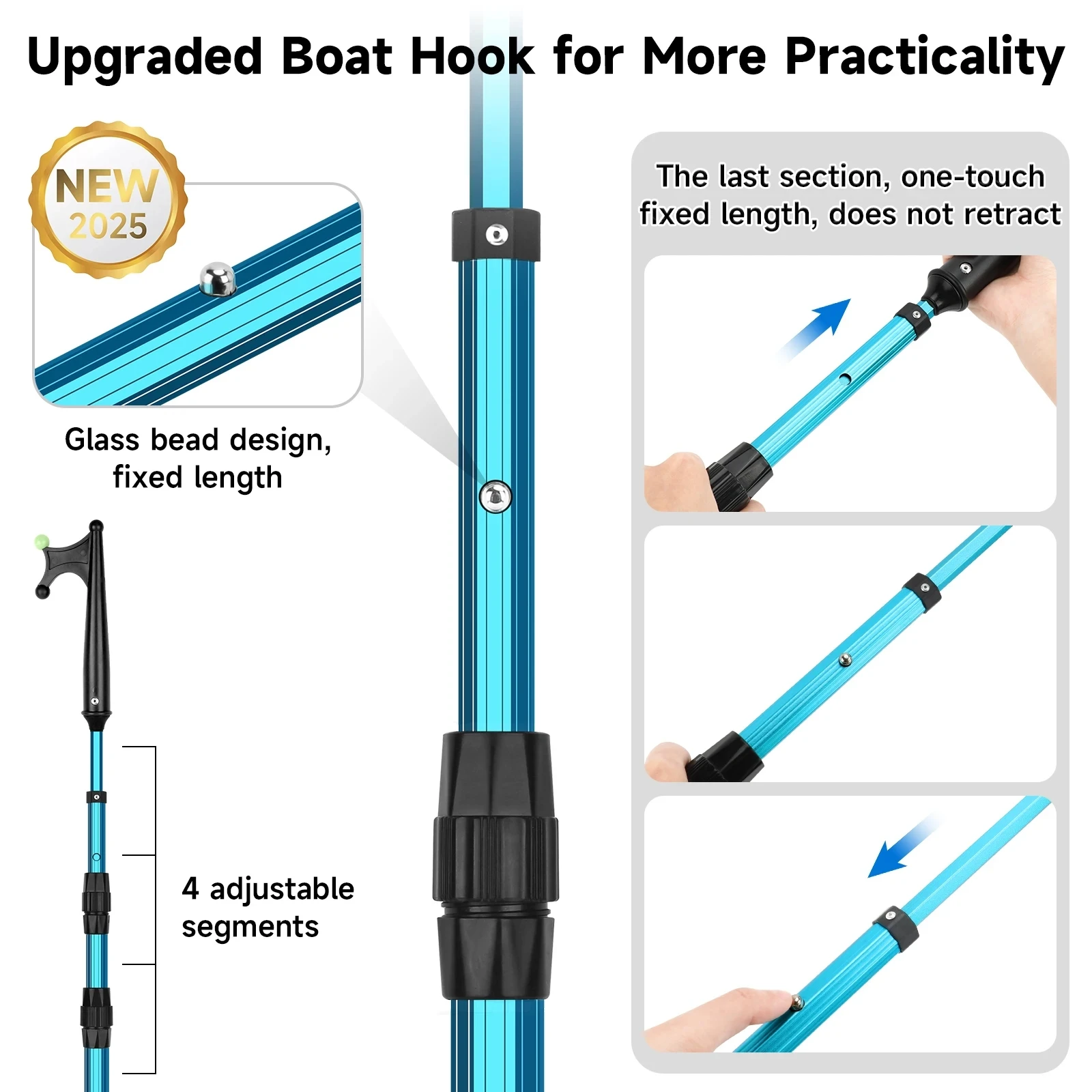 2M Boat Hook Telescopic Aluminium Alloy Pole With Lock Glass Beads Fishing Gaff Hook Boat Accessories fishing tools