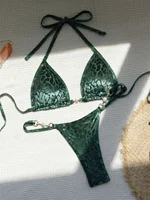 Sexy Green Leopard Print Bikini Set 2024 Women Halter Push Up Bra Pearl Triangle Swimsuit Brazilian Bathing Suit Thong Swimwear