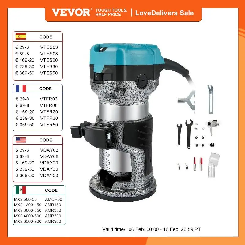 Vevor Wood Router Machine Electric Trimmer 710W 33000Rpm Power Carpenteria Strumento Per La Lavorazione Del Legno Taglio Scanalatura Intaglio Fresatur