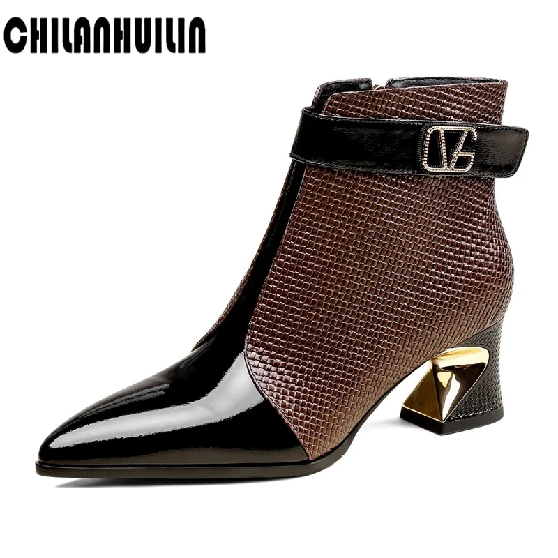 

fashion metal buckle ankle boots for women chunky high heel pointed toe genuine leather modern boots autumn winter shoes women