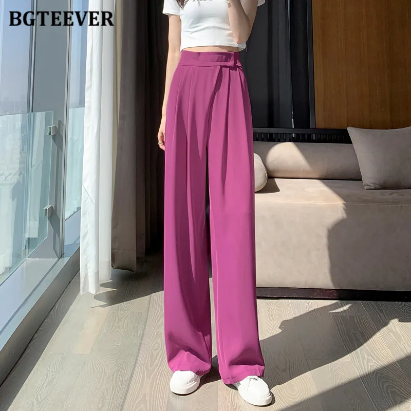 

BGTEEVER Elegant Loose High Waist Long Suit Pants for Women Casual Pockets Solid Wide Leg Trousers Female