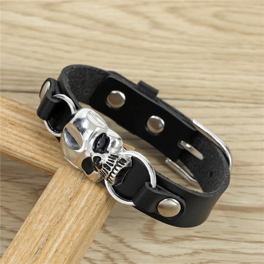 Trend Vintage Black Leather Bracelet Adjustable Size Retro Skull Shape Braceletfor Men's Daily Wear 3