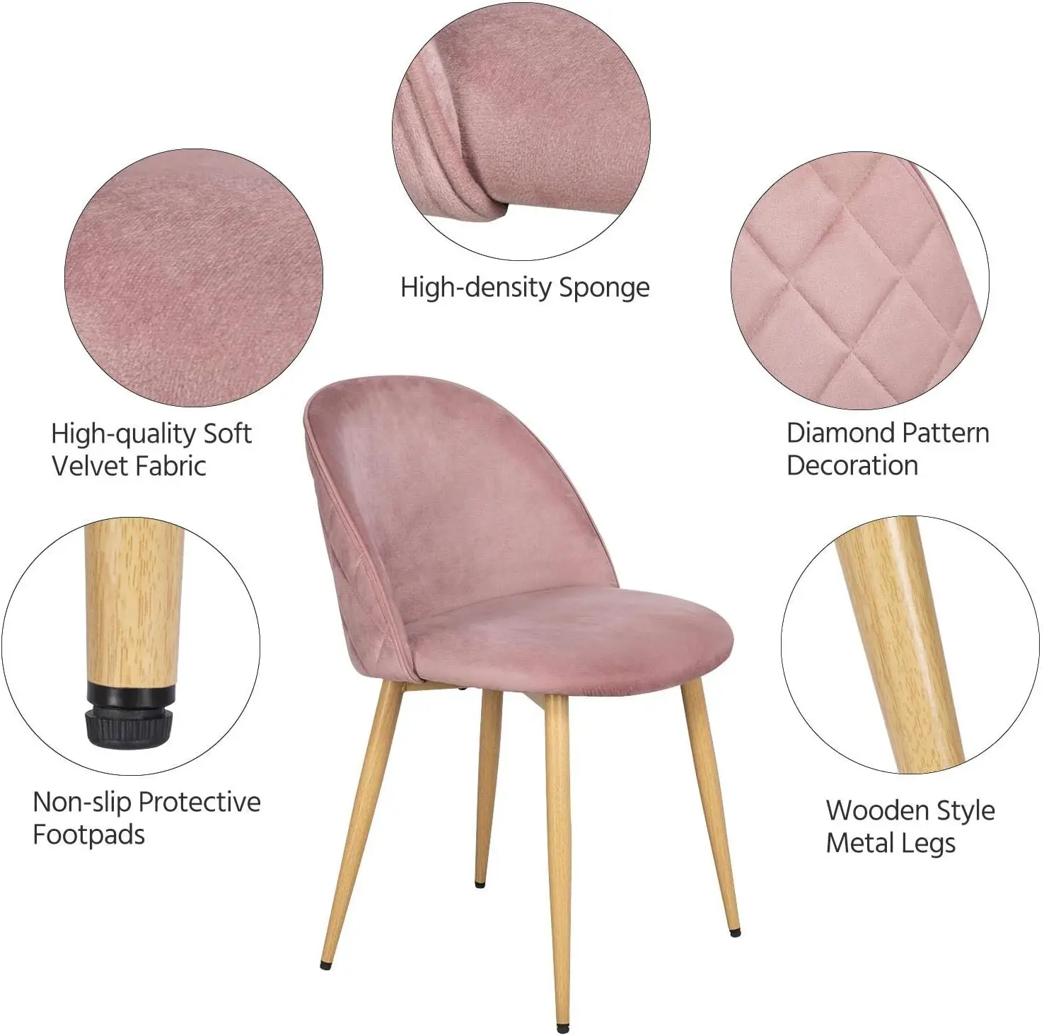 Velvet Dining Pink Dining Set of 2 Upholstered Side Chairs Kitchen Chairs with Soft Velvet Seat Backrest