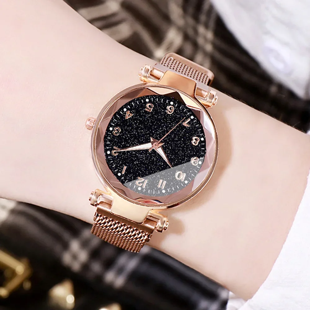 Ladies Starry Sky Round Dial Quartz Wristwatches 5pcs Set Women Fashion Casual Mesh Belt Watches Simple Dress Clock Girls Gift 3