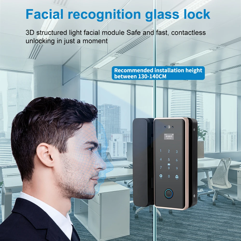 Tuya  WIFI Camera Electronic Lock for Glass Door Face Recognition Fingerprint Smart Door Lock With Screen Recharge Battery