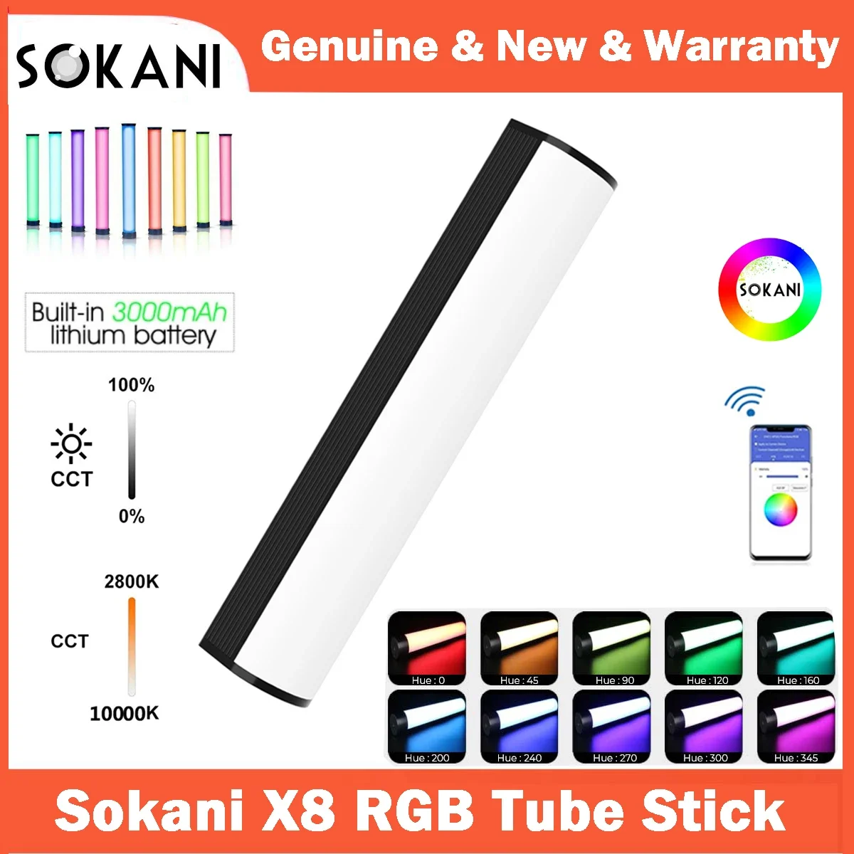 Sokani X8 RGB LED 비디오 라이트 핸드헬드 튜브 지팡이 스틱, CTT 사진 조명 앱 제어, 6C Pavotube LUXCEO P200, X8