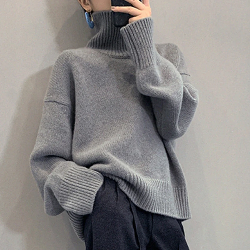 

Vintage Long Sleeve Knitted Tops Clothes Women Casual Loose Turtleneck Pullover New Autumn Winter Thick Cashmere Sweater 23524