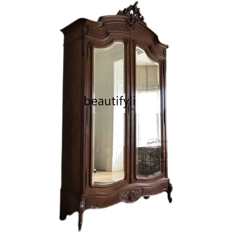 

Double-Door Closet Antique Oak Distressed Double-Door Wardrobe American Carved Solid Wood Wardrobe