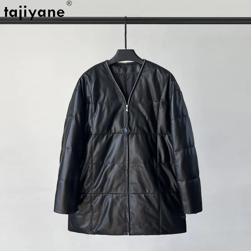 

Tajiyane Real Leather Jacket Women Winter Genuine Sheepskin Down Coats Mid-length V-neck Black Coat Chaqueta De Cuero Mujer