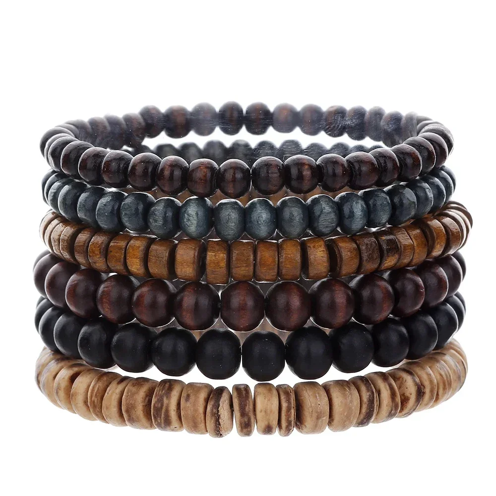 Beaded bracelet Multi-layer Buddha Wood Bead Bracelets Sets Men&rsquo;s Retro Style Elastic Thread Adjustable