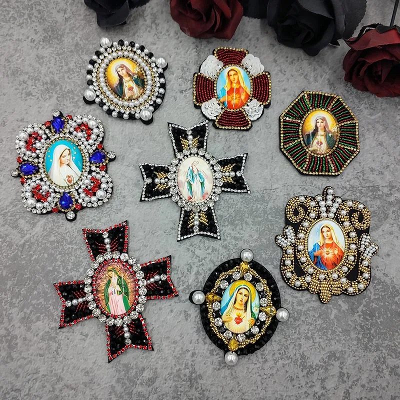 

3D Handmade Rhinestone Mary Motifs Beaded Crystal Angel Wings Patches Sew on For Clothing Cross Badge Bag Applique Decoration