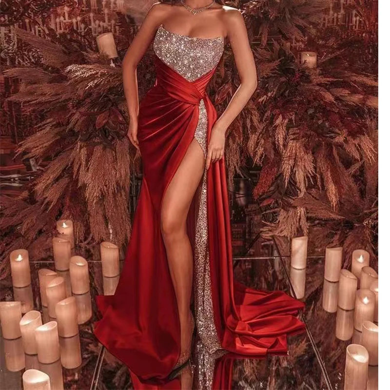 

2022 Sexy Sparkly Prom Strapless High Split With Sequins Long Prom Gown Evening Dress For Woman Robe De Soirée