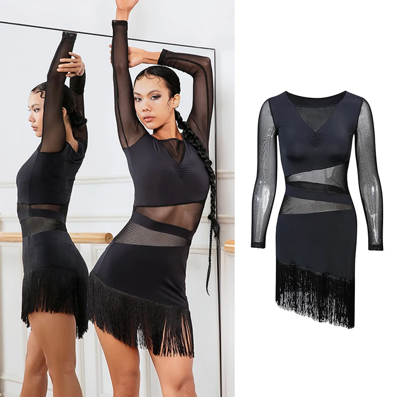 

Tassel Latin Dance Dress Adult Women Competition Costume Black Long Sleeve Samba Rumba Dancer Clothing Practice Dresses DL11658