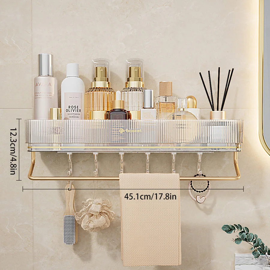 Wall Mounted Bathroom Wall Shelf with Towel Bar and 6 Hooks - Great for Bedroom Decor, Kitchen Storage , Bathroom Storage 2