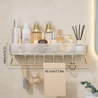 Wall Mounted Bathroom Wall Shelf with Towel Bar and 6 Hooks - Great for Bedroom Decor, Kitchen Storage , Bathroom Storage 2