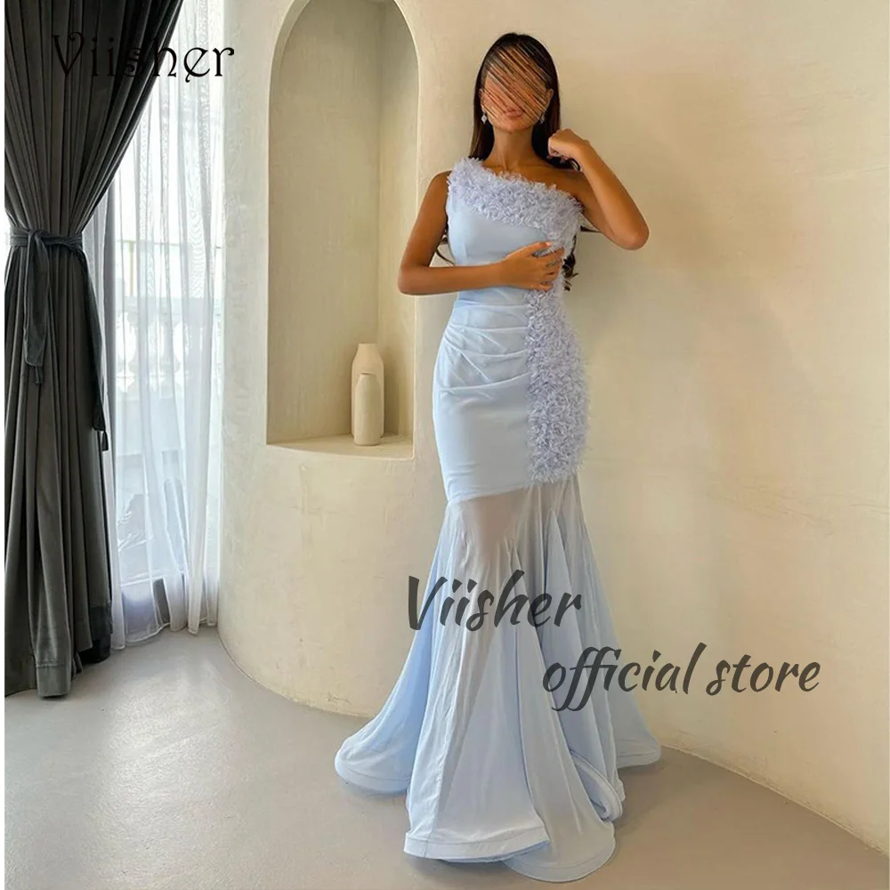 

Viisher Blue Mermaid One Shoulder Prom Party Dresses Pleats Tulle Tight Long Evening Dress Dubai Arabic Formal Gowns