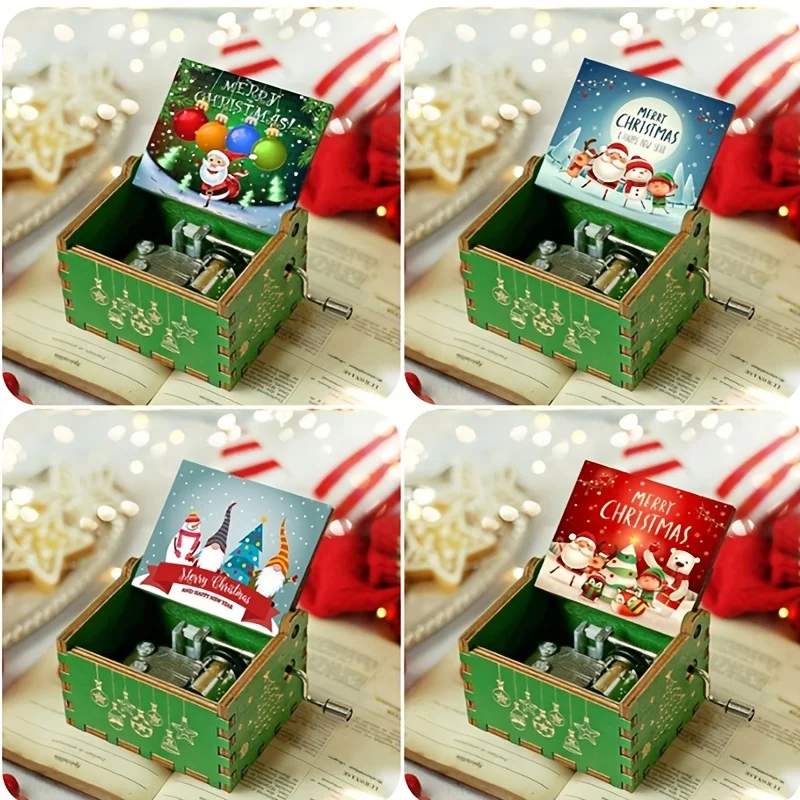 Merry Christmas Series Music Box Wooden Antique Carved Hand Cranked Classic Theme Music for Birthday Party Gifts Family Decor