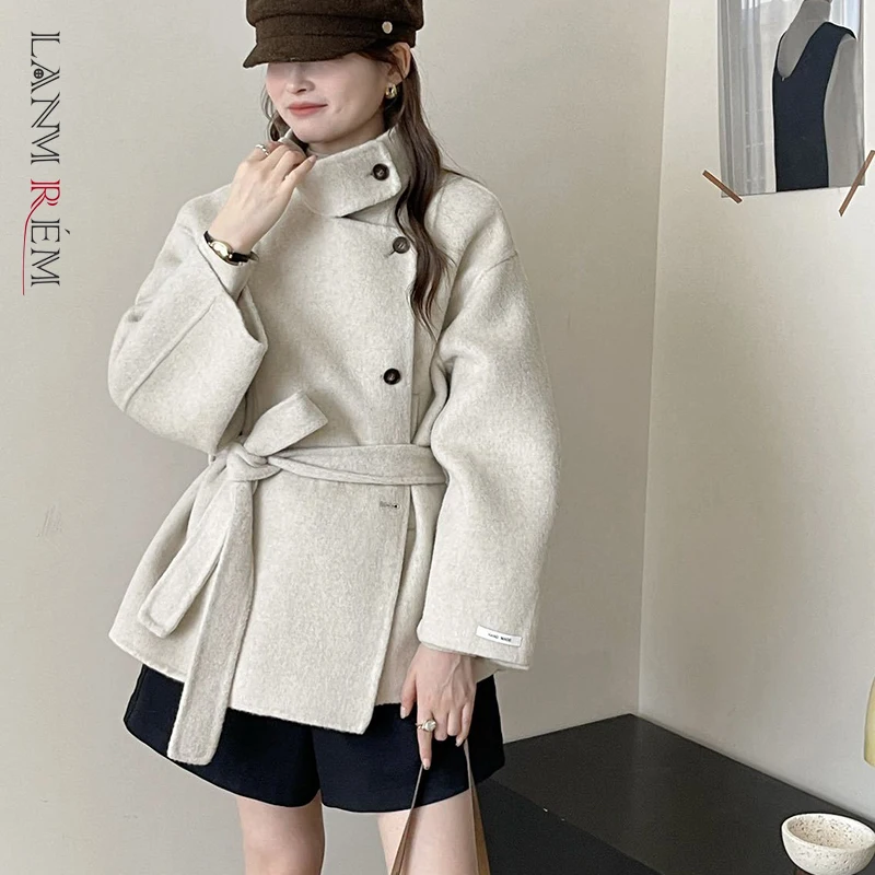 LANMREM Stand Collar Drop Shoulder Womens Double-faced Woolen Coat Asymmetrical Single Breaste Reversible Overcoat With Belt
