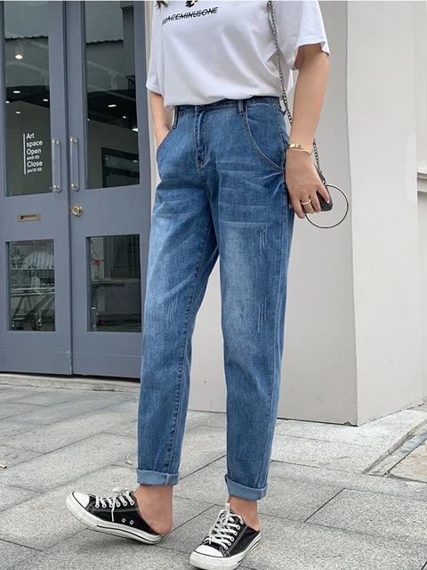 Fashion Women's Solid Color Vintage Blue Black Simple Jeans Office Lady Vintage  Casual Loose Denim Pants Versatile Harem Trouser - AliExpress