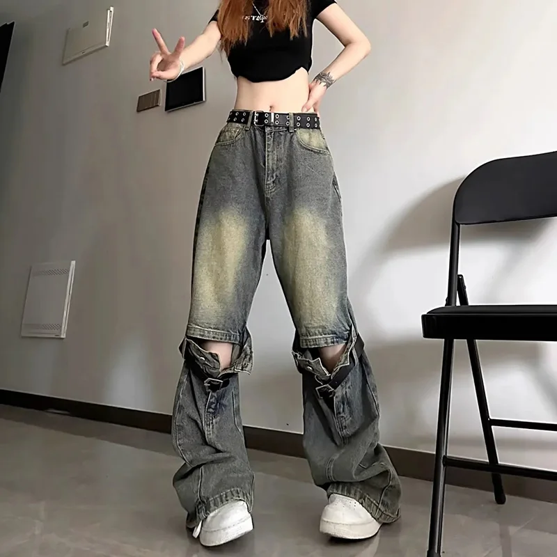 

Винтажные рваные мешковатые джинсы Y2k с вырезами, женская уличная одежда в американском стиле, крутые брюки, популярные женские джинсовые брюки с высокой талией для девушек