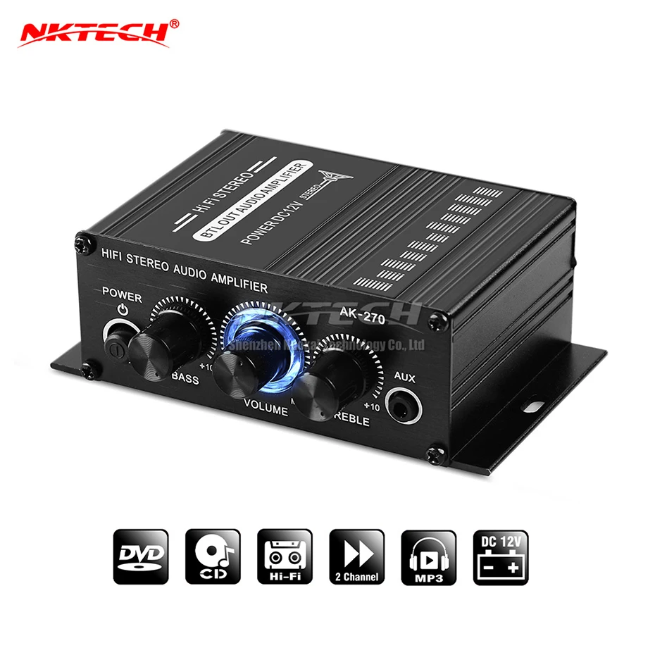 Цифровой плеер NKTECH, Портативный Hi-Fi усилитель мощности для автомобиля, 2 канала, 20 Вт, RMS, CD, MP3, AUX, RCA