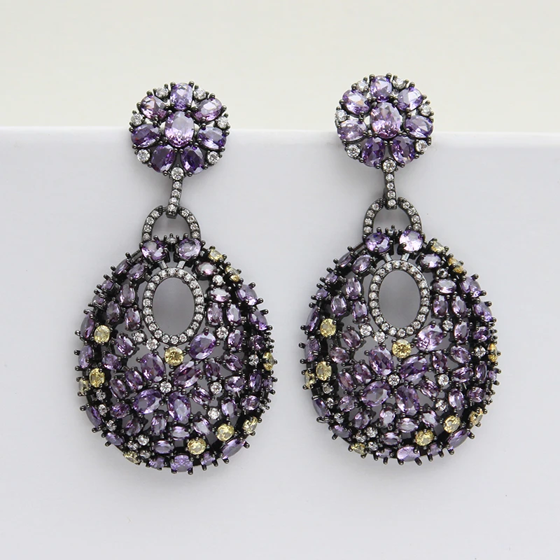 

Luxury Earrings for Bride Bridesmaid Zircon Purple Golden Dangling Earrings for Women Wedding Jewelry Gift