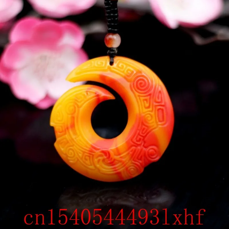 

Natural Red Yellow Jade Rune Pendant Necklace Beads Fashion Jewelry Double-sided Carved Jadeite Charm Amulet Gifts for Women Men