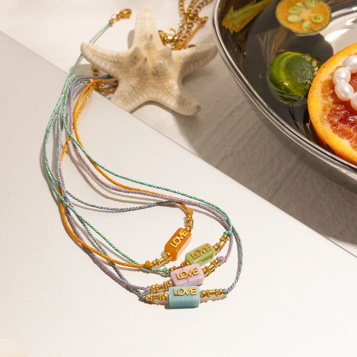 Colorful Rope Chain Clavicle Necklace Lettering 'LOVE' Square Natural Stone One Piece Choker Femal Delicate Summer Daily Jewelry