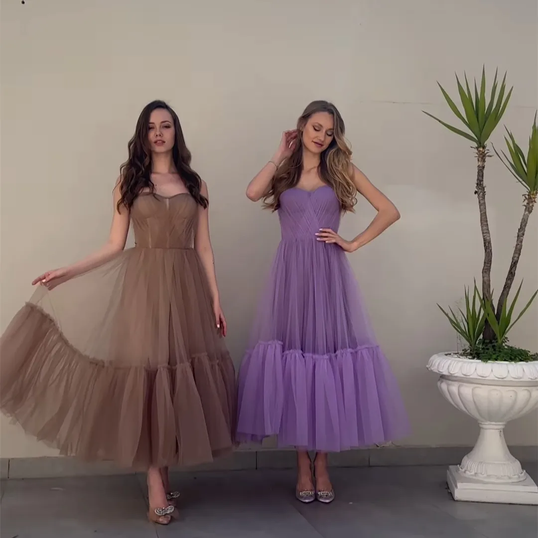 

Classic Short Tulle Purple Evening Dresses A-Line Sweetheart Pleated Tea Length Vestidos de noite Prom Formal Dress for Women