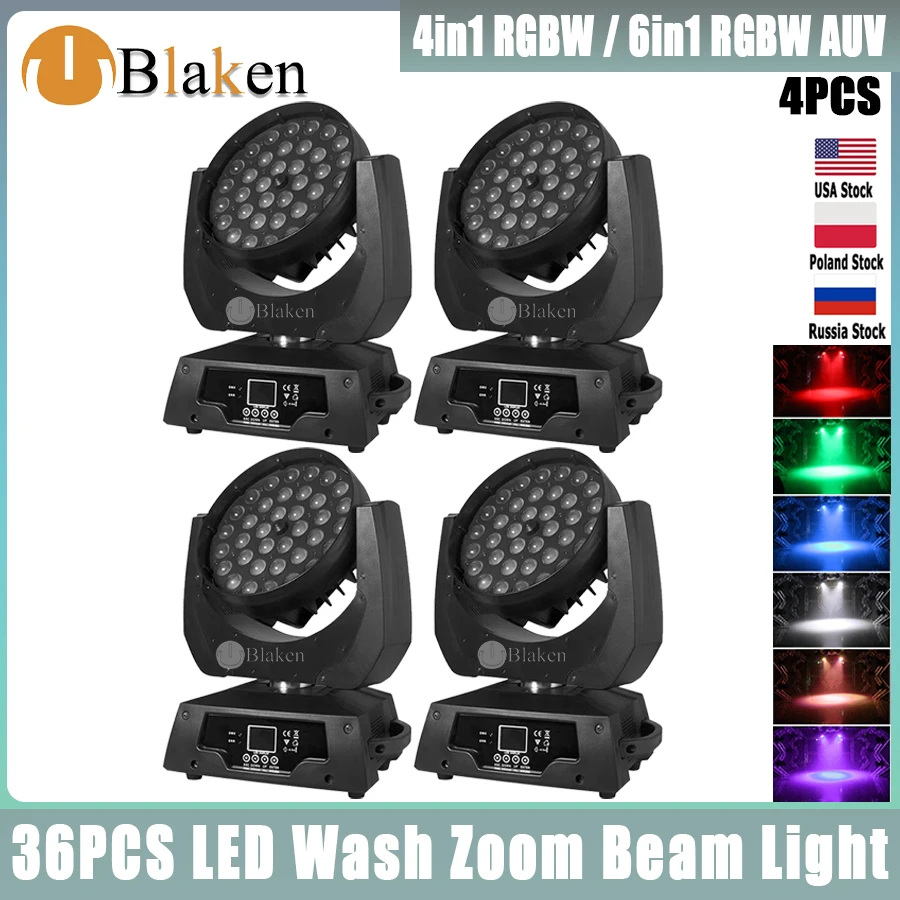 

0 Tax 4Pcs LED Zoom Wash 36x18W RGBWAUV 6in1 Wash Zoom 36x12W RGBW 4in1 Moving Head Light DJ DMX Disco Party Music Stage Light