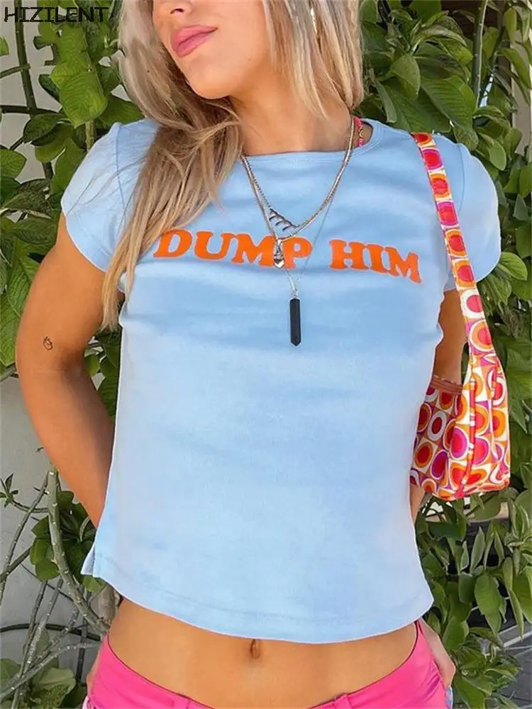 Cute 2000s Aesthetics Letter Graphic Print Blue Baby Tees Y2k