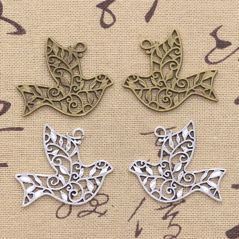 6 Stück Charms, hohle Friedenstaube, 36 x 32 mm, antike Silberfarbe, Anhänger, DIY-Bastelarbeiten, handgefertigter tibetischer Schmuck