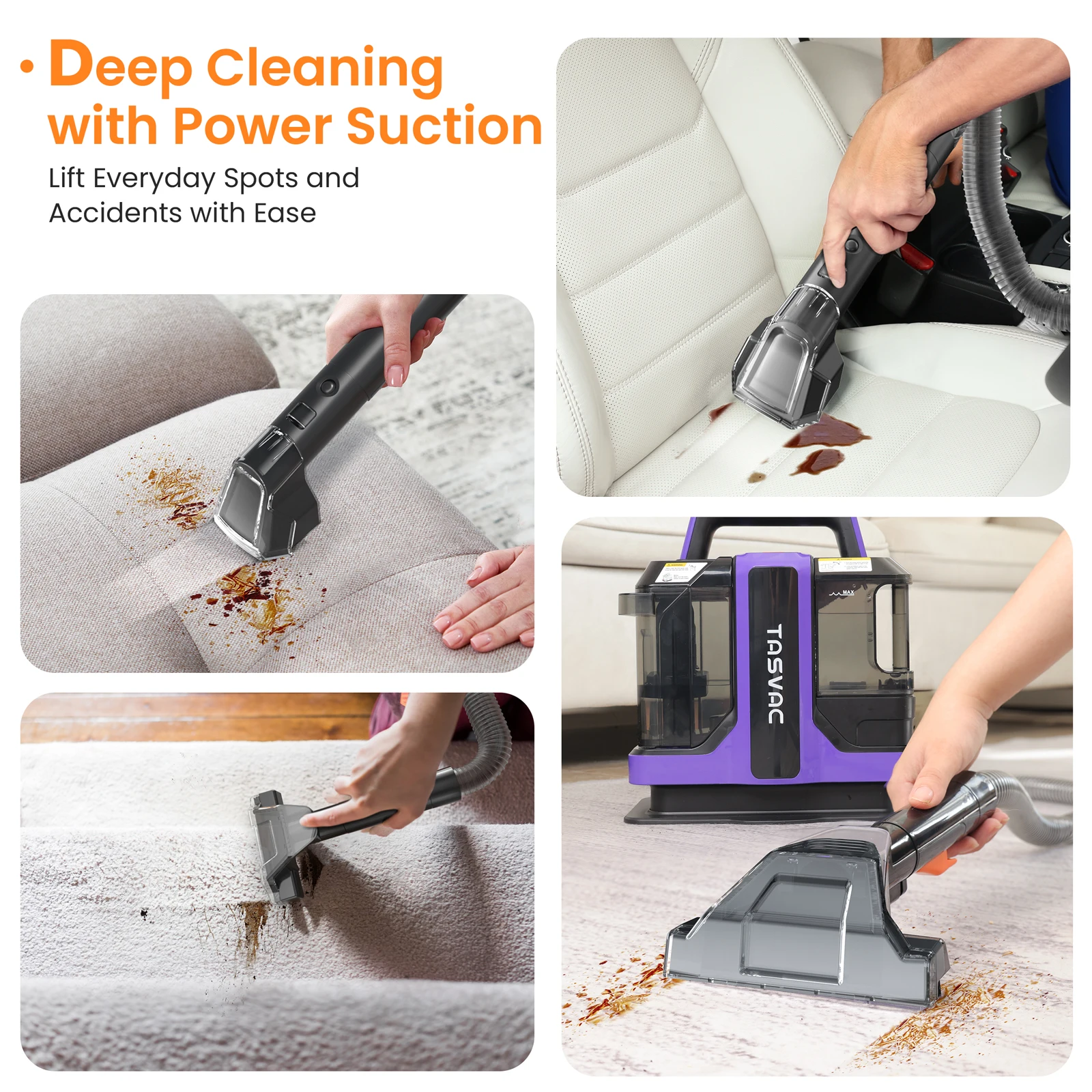 TASVAC C7 Portable Carpet & Upholstery Cleaner Machine, Spot And Stain Deep Cleaner With Two Brushes & Remover Formula For Pets, 4